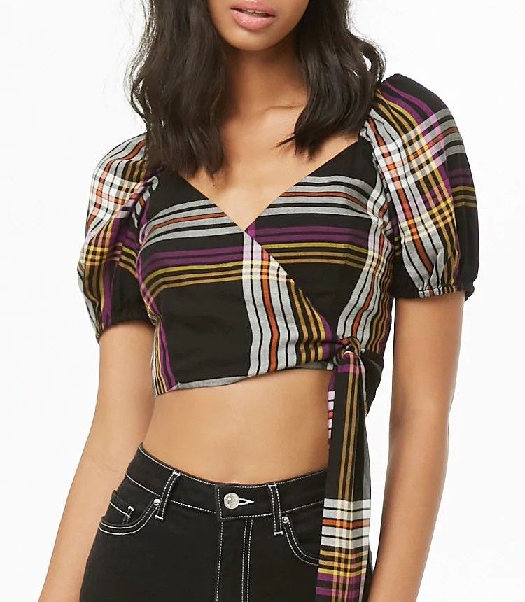  Plaid Woven Crop Top|Size: M