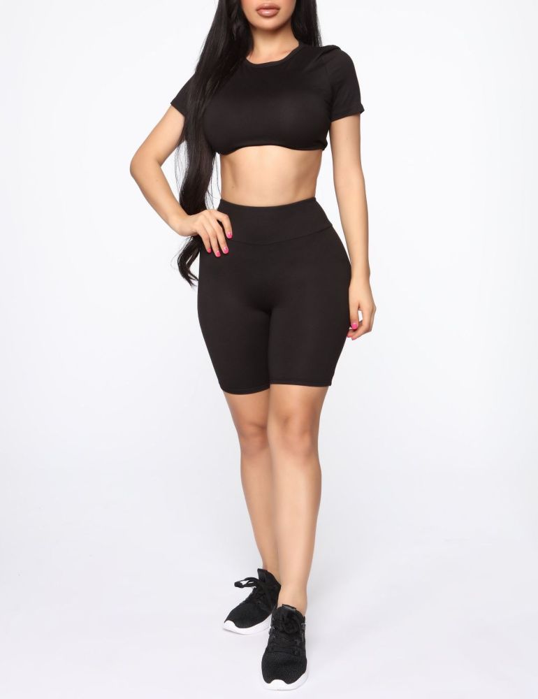 crop top and biker shorts