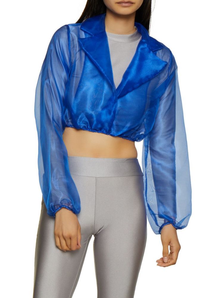 Blue Sheer Long Sleeves Crop Shirt Size: S