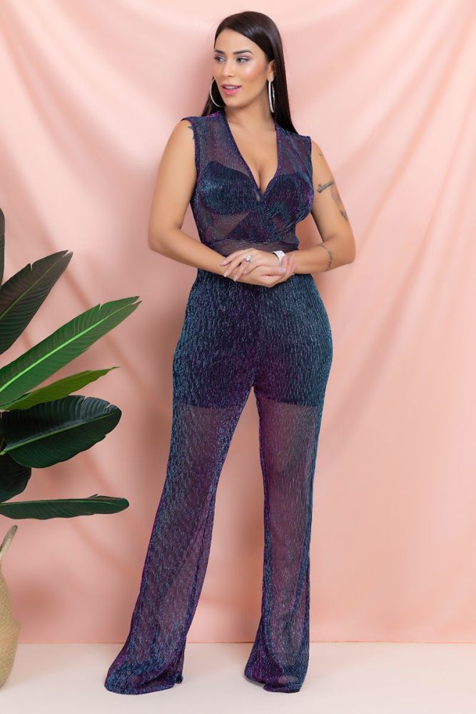 Mesh V-neck Sexy Jumpsuit With Lining|Size: S