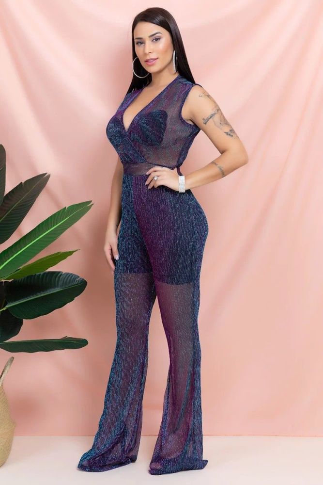 Mesh V-neck Sexy Jumpsuit With Lining|Size: S