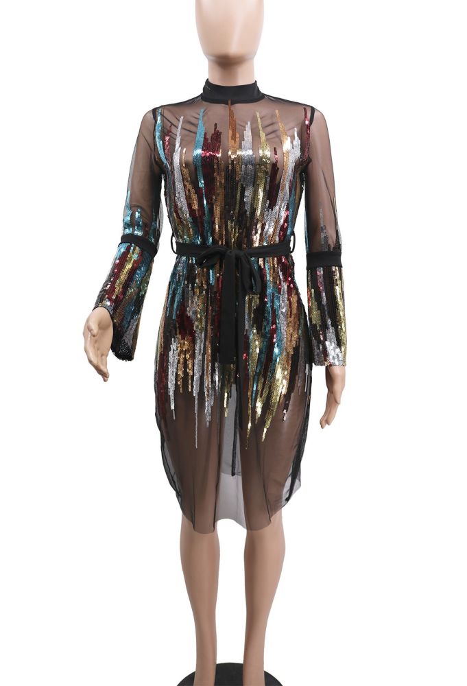 #A153|Multicolor Sequins Mesh Dress|Size: S