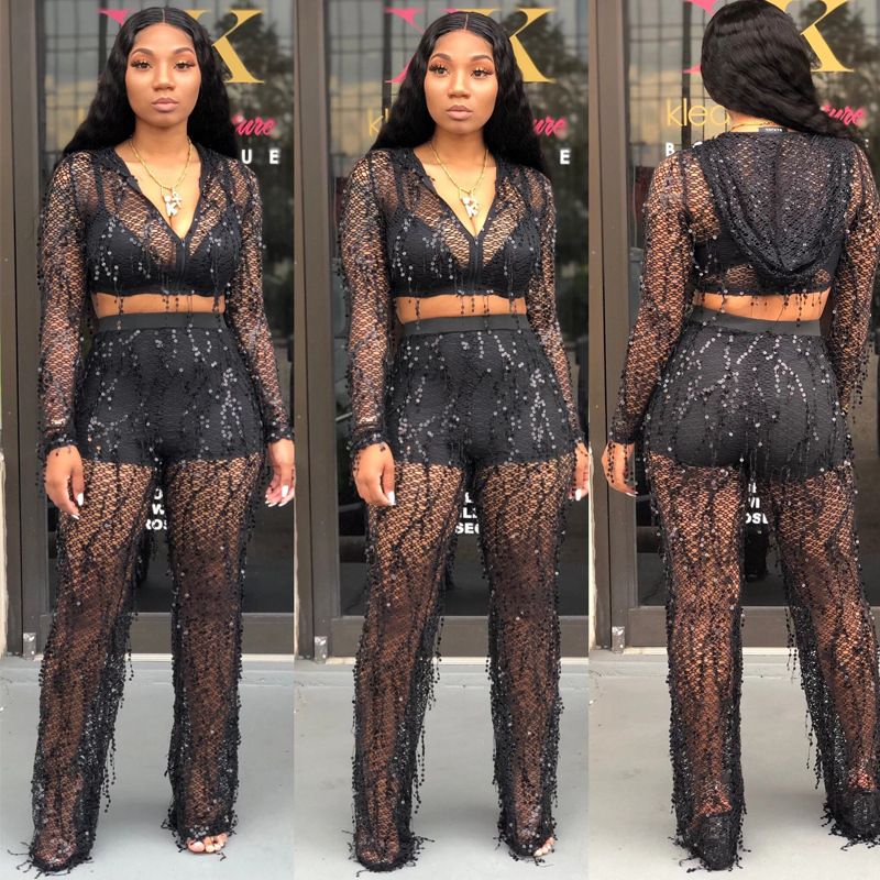 Black Tassel Sequin Hooded Two-piece Set Size: M