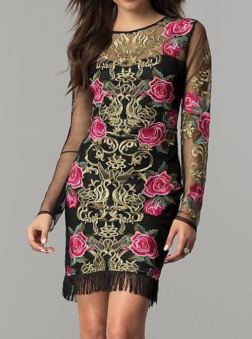 A143|Embroidered Pattern Illusion Back Dress Size: S