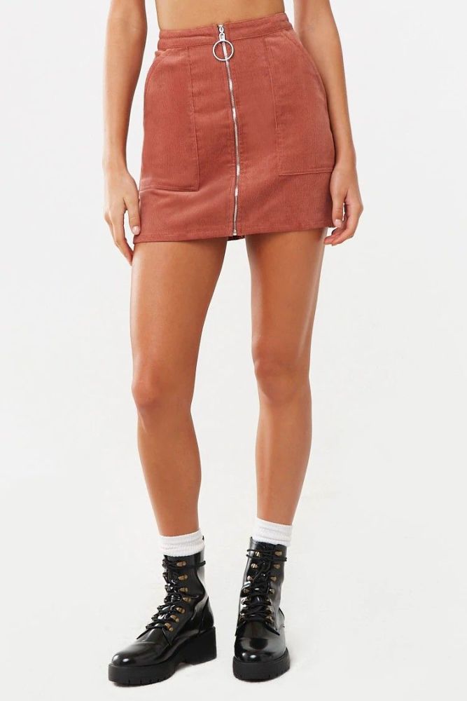 Zip-Front Corduroy Mini Skirt|Size: L
