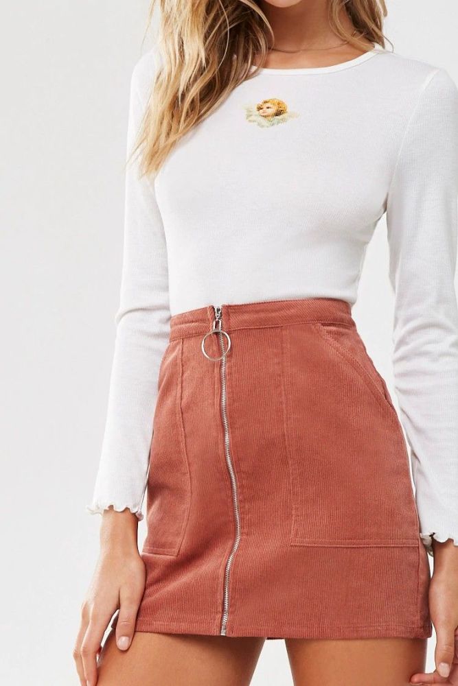 Zip-Front Corduroy Mini Skirt|Size: L