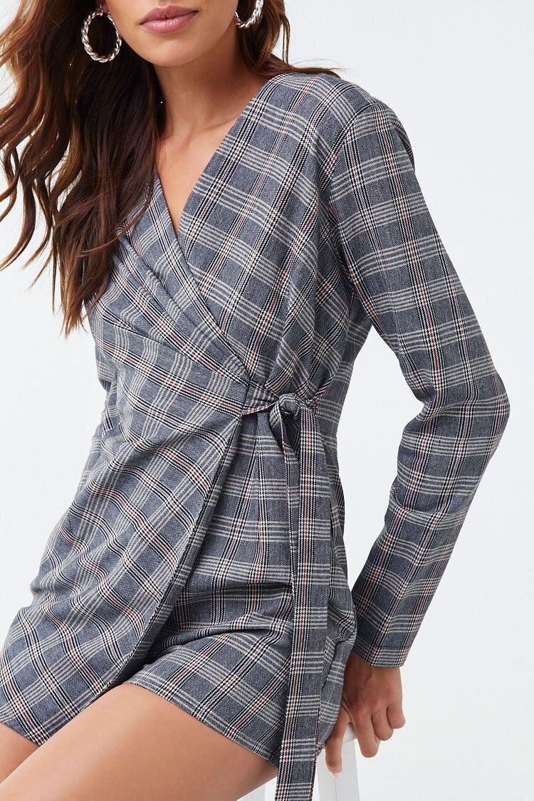 Plaid Self-Tie Wrap Romper|Size: L