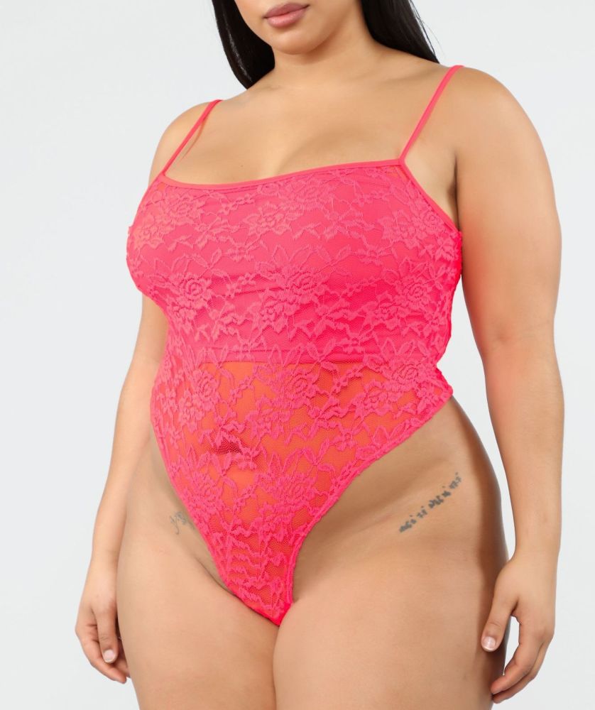 neon pink lace bodysuit