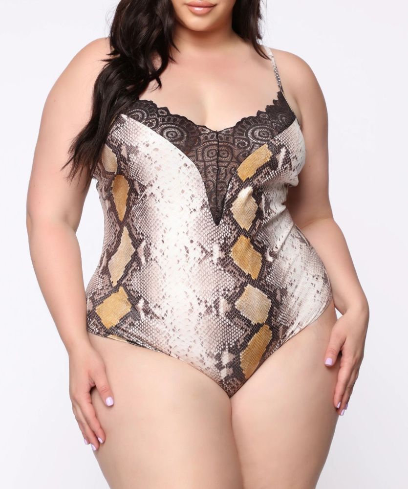 Snake Print Lace Detail Bodysuit|Size: 2X