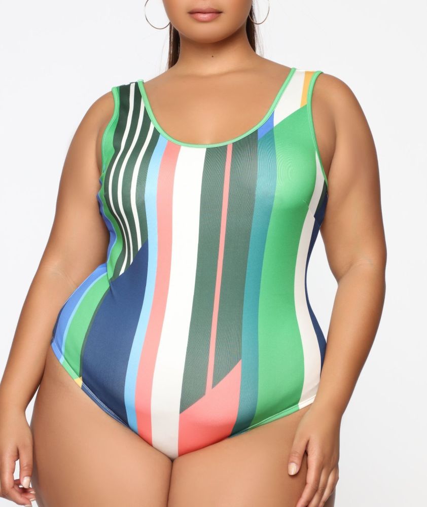 Multi Color Stripe Scoop Neck Bodysuit|Size 1X