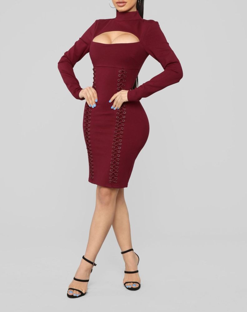 E022|Long Sleeve Lace Up Detail Dress Size: XS