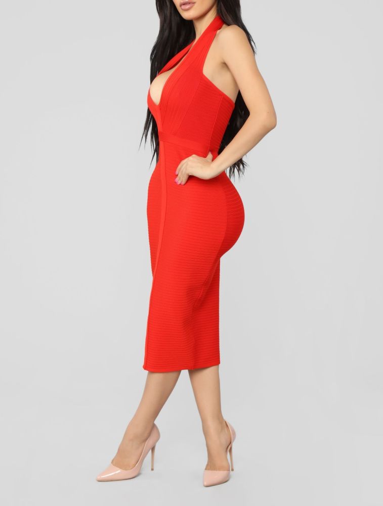 E016|Red Midi Halter Bandage Dress Size: XS