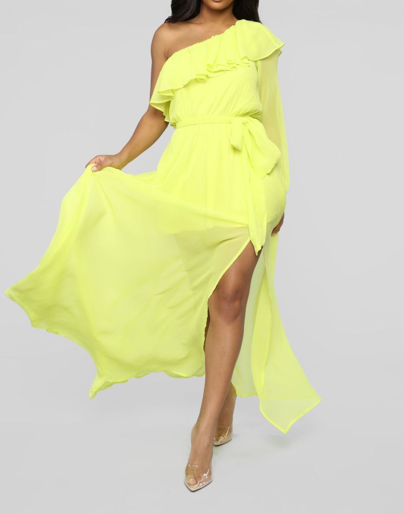A315|Yellow One Shoulder Maxi Dress Ruffle Detail Dress Size: S