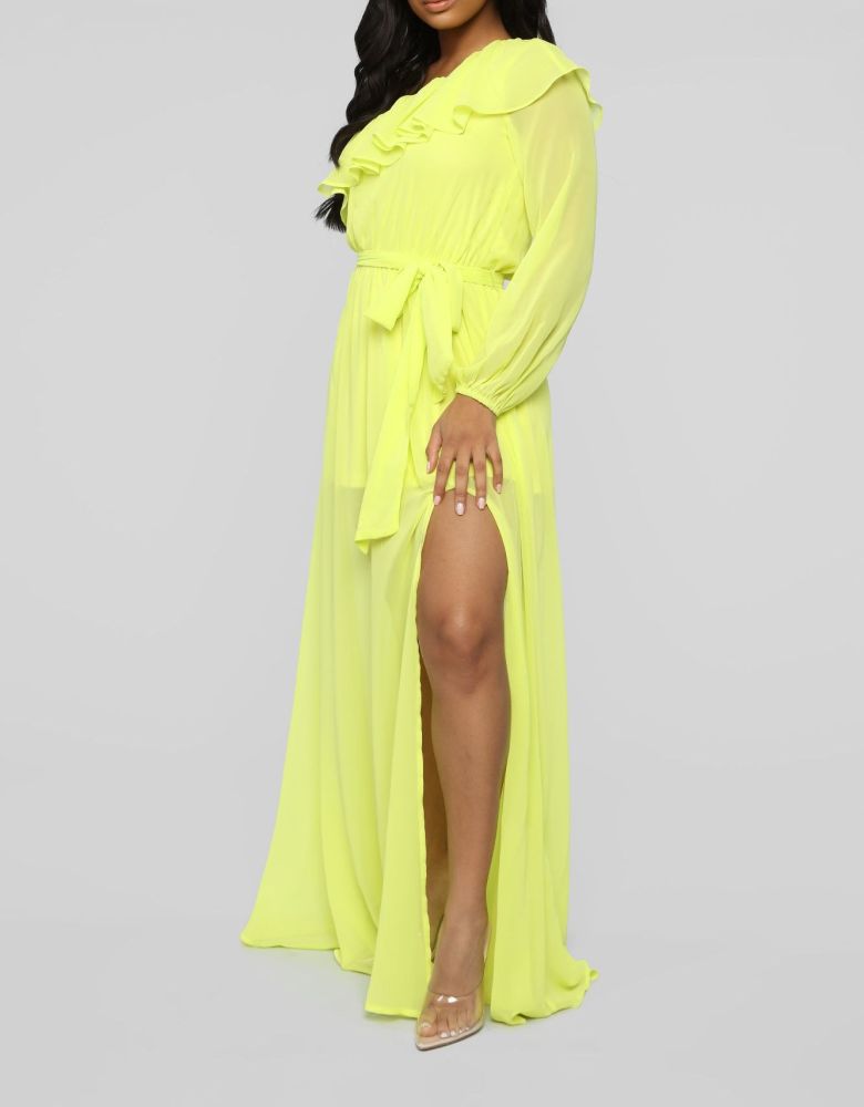 A315|Yellow One Shoulder Maxi Dress Ruffle Detail Dress Size: S