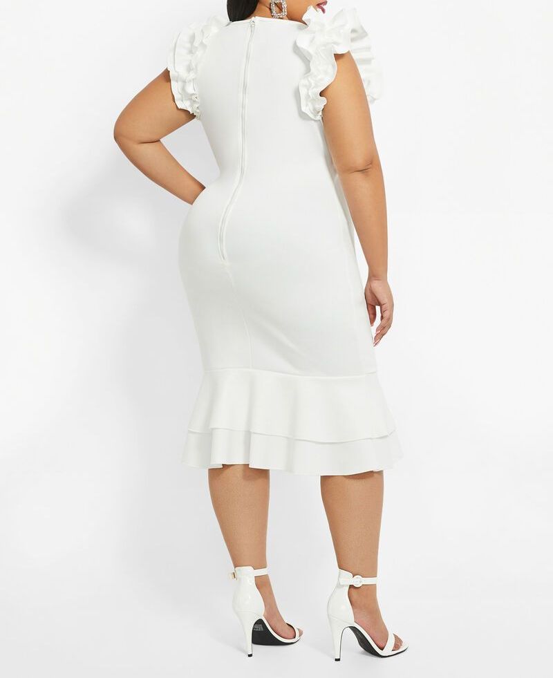 C010|Ruffled Cap Sleeves White Dress Size: L