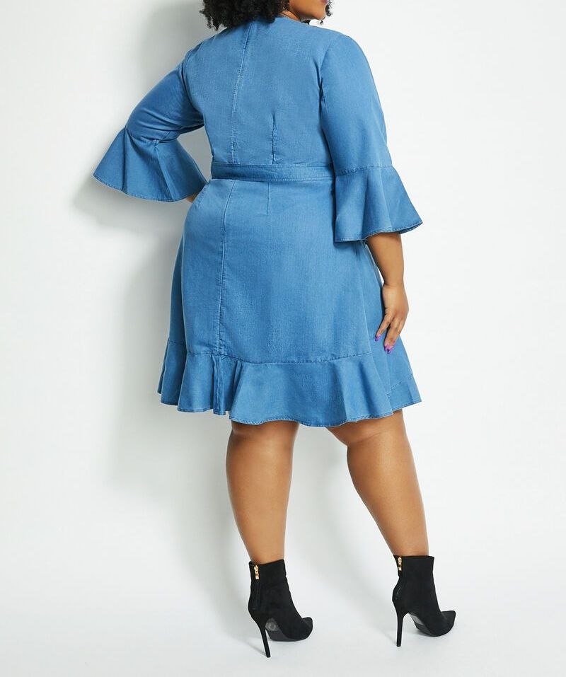 D157|Denim Wrap Ruffled Dress Size: 2X