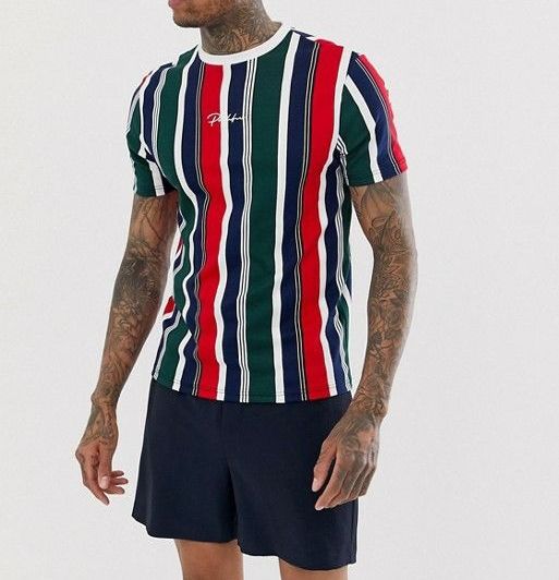 Striped Design Crew Neck T-shirt|Size: M