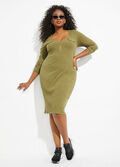 D068|Olive/Zip Front Ribbed Midi Dress Size: 1X
