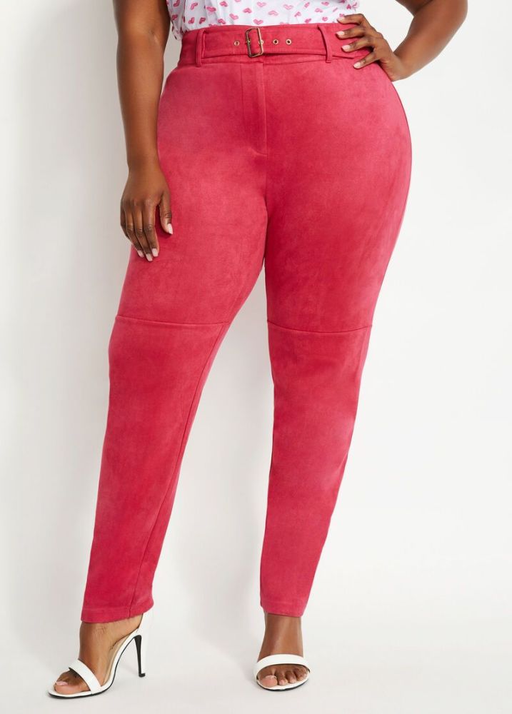  Pink Skinny Belted Faux Suede Pant Size: 1X