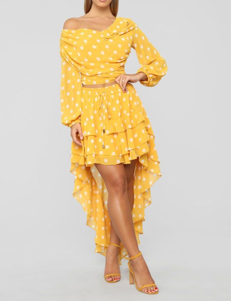  Polka Dots Off Shoulder  2 Piece Skirt Set|Size: XS