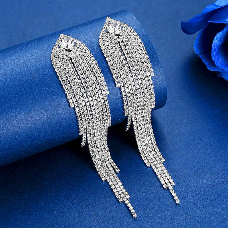  Long Tassel Crystal Bridal Earrings 