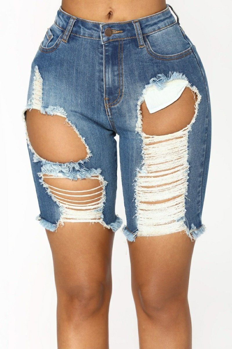 Rip Leg Stretch Denim Shorts|Size: L