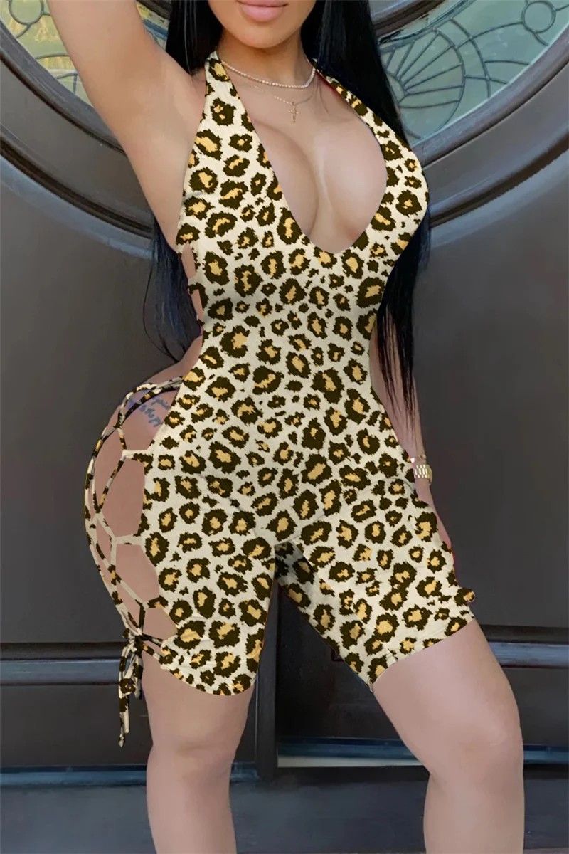 Leopard Print lace Up Back Stretch Playsuit|Size: L