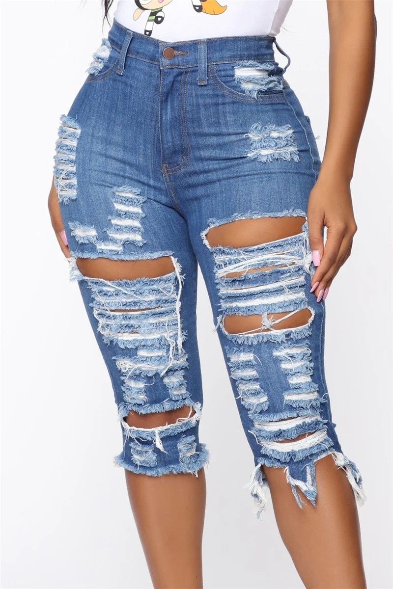 High Waist Stretch Rip Up Crop Jeans|Size: XL
