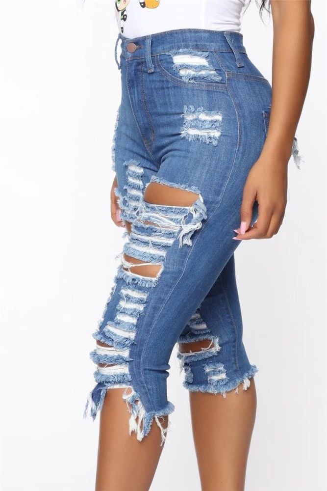 High Waist Stretch Rip Up Crop Jeans|Size: L