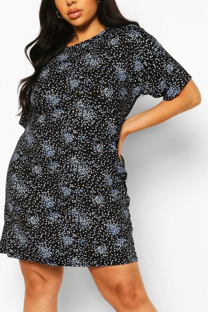 Navy Floral Print T-Shirt Dress Size: 14