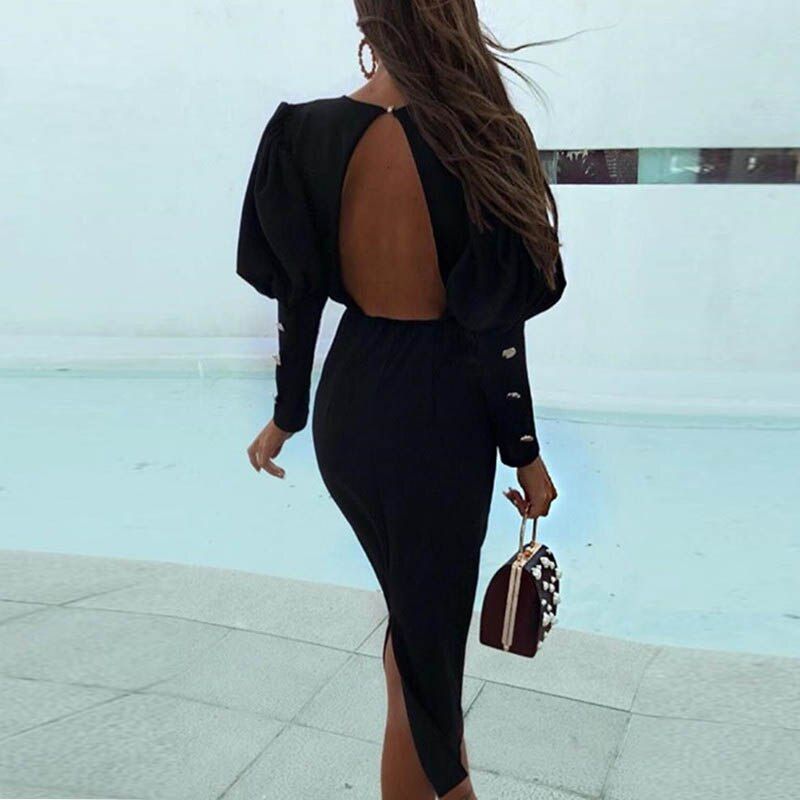 Black Puff Sleeve Backless  Long Sleeve Slim Fit Dress Size: M