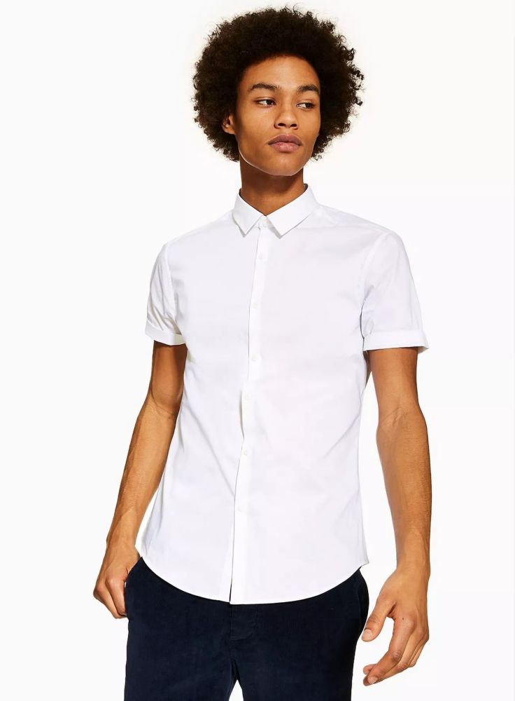 White Stretch Skinny Short Sleeve Shirt|Size: L