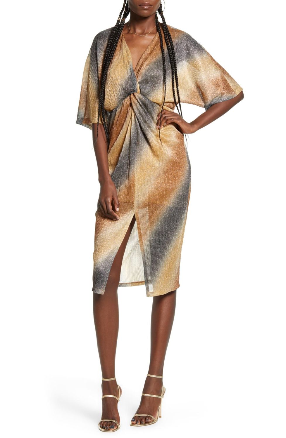 E020 Metallic Front Slit Wrap Look Dress Size Xs