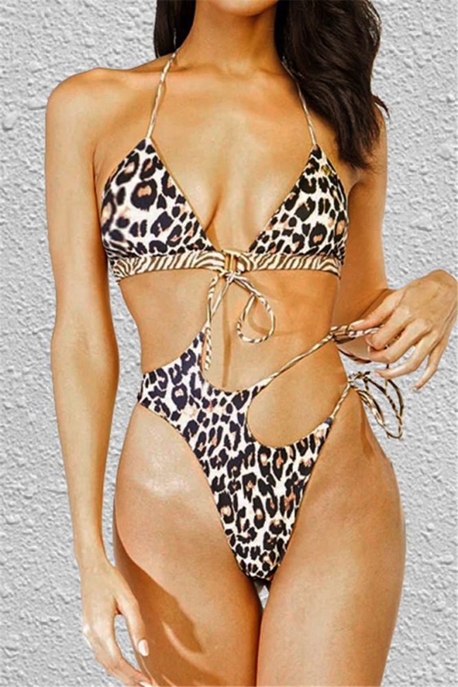 Leopard/Zebra Spliced Halter-neck One-piece Bikini|Size: M
