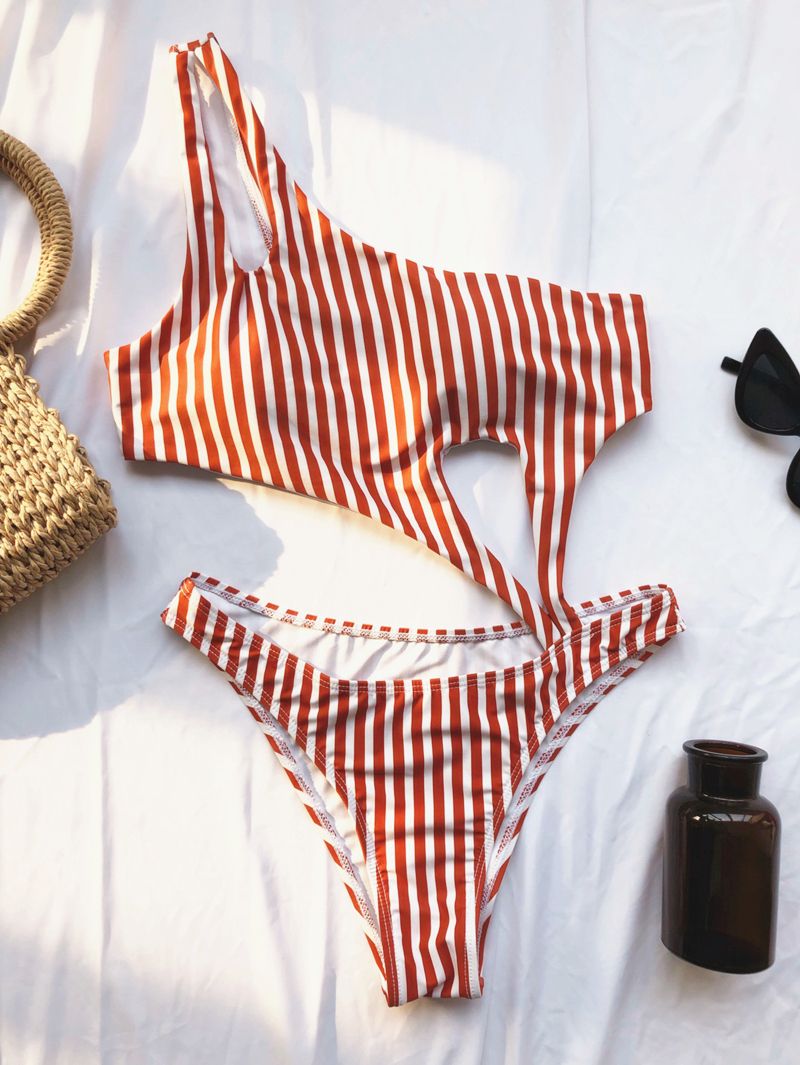 Stripe Printed One-shoulder One-piece Bikini|Size: L