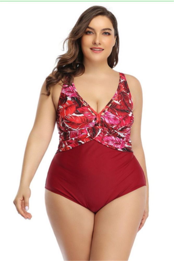 Red/leaves Print V-neck One-Piece Swimsuit Size: 4XL 