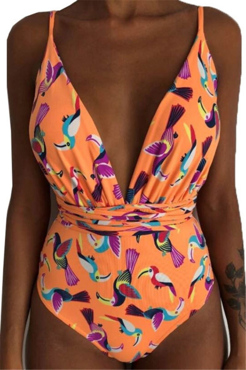 Birds Printed One-piece Bikini|Size: M