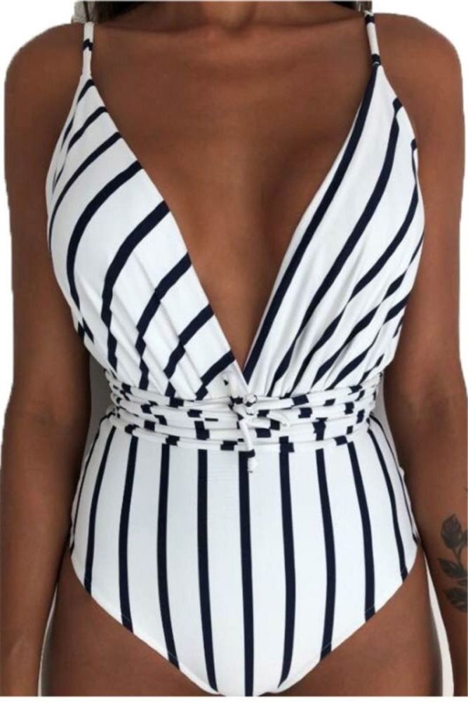 Black/White Stripe Print One-piece Bikini|Size: M