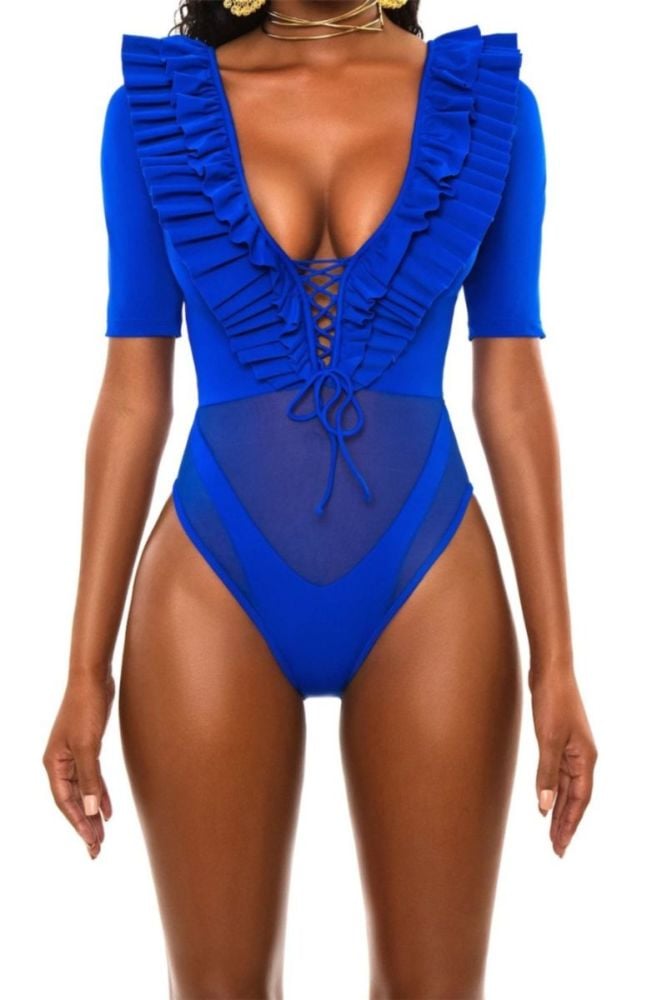 Blue V-neck Ruffle/Mesh Short-sleeve One-piece Swimsuit|Size: L