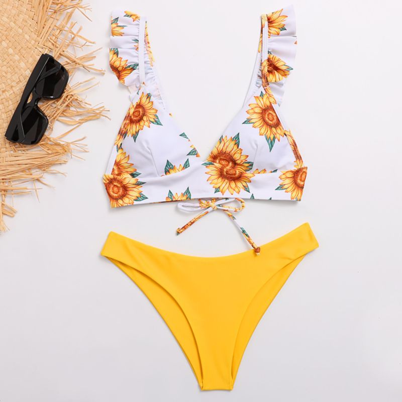 Sunflower Print Lace-up To-piece Bikini|Size: S