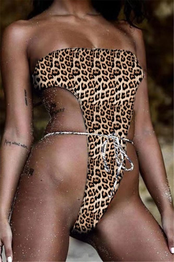 Leopard Print Tube Top One-piece Bikini|Size: M