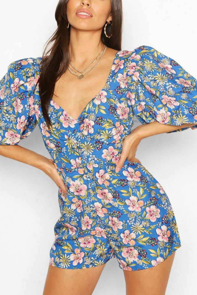 Floral Puff Sleeve Style Romper|Size: M
