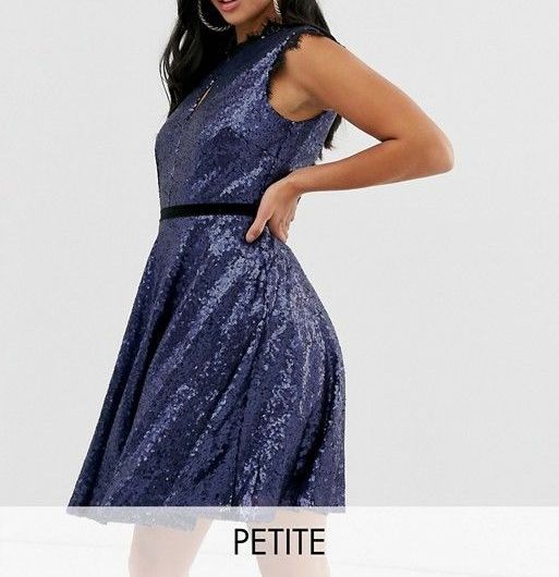 C003 Navy Blue High Neck Sequin Skater Dress Size: L