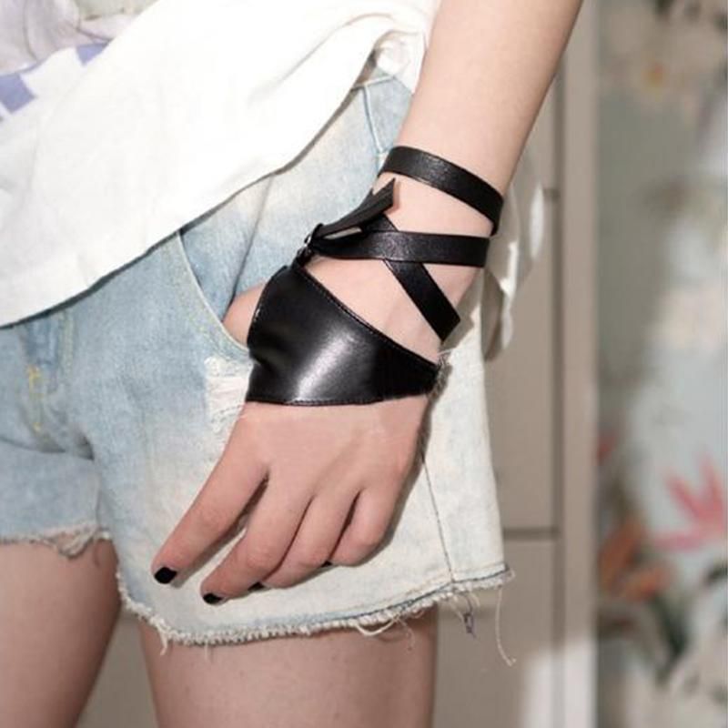 Black Gothic Punk Rock Faux Leather Gloves|Size: S