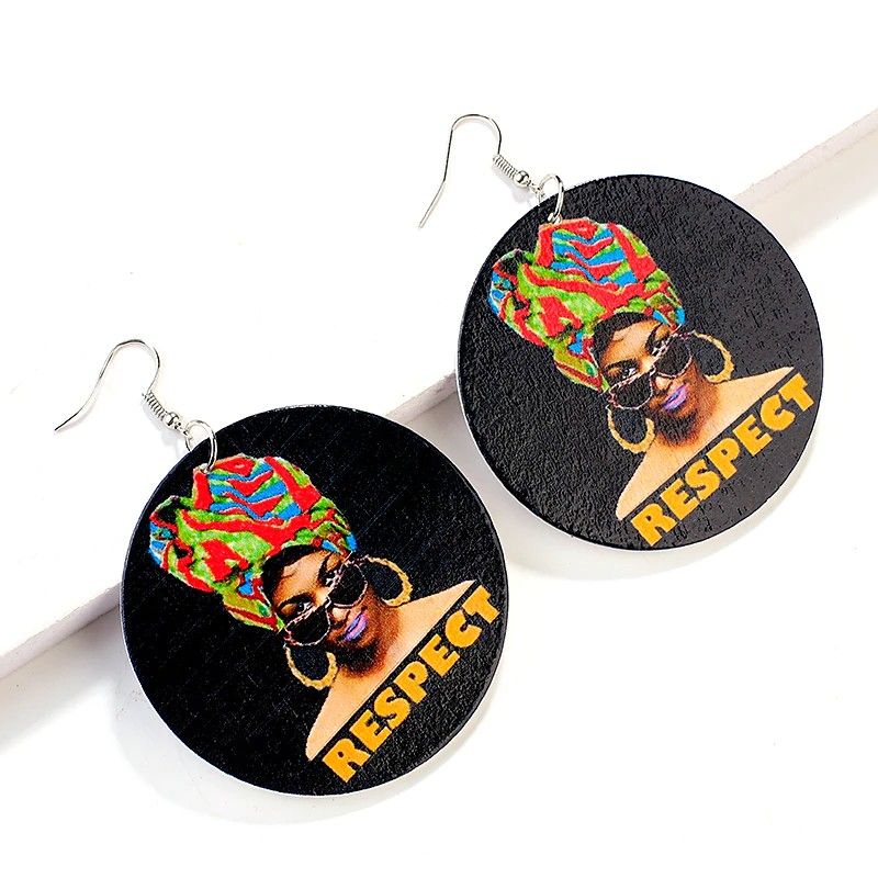 Respect Printed Round Wooden Drop Earrings  