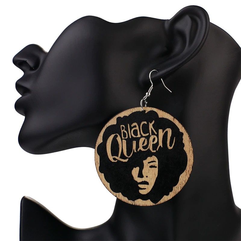 Black Queen Round Wooden Earrings