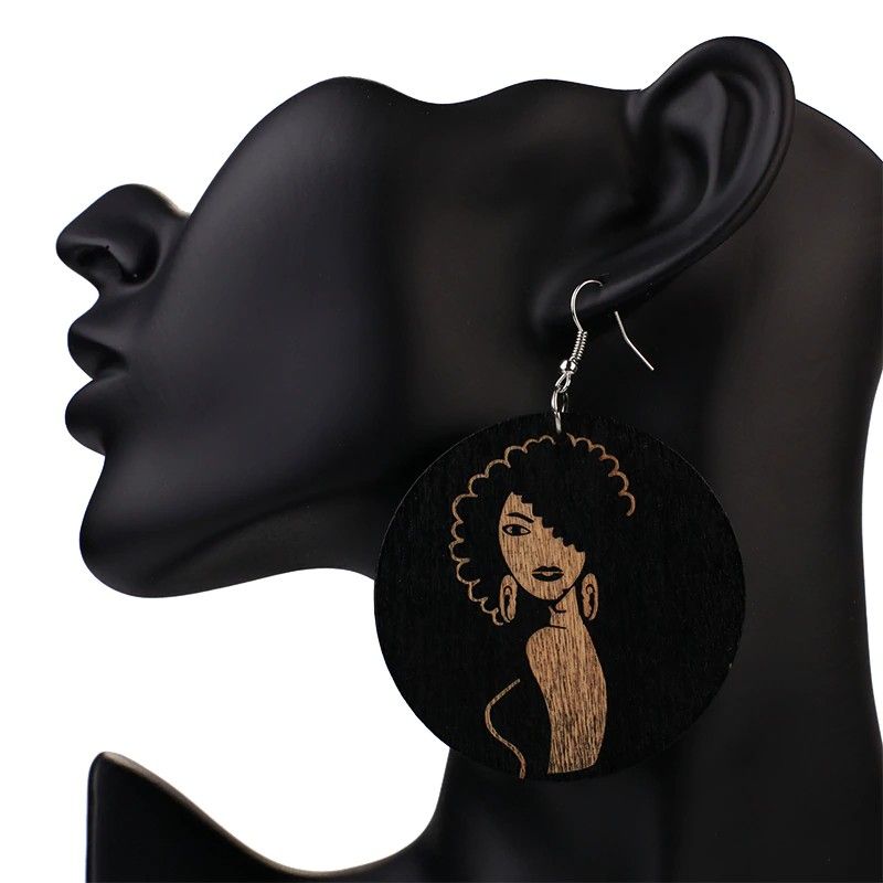 Vintage Black African Pattern Round Wooden Earrings