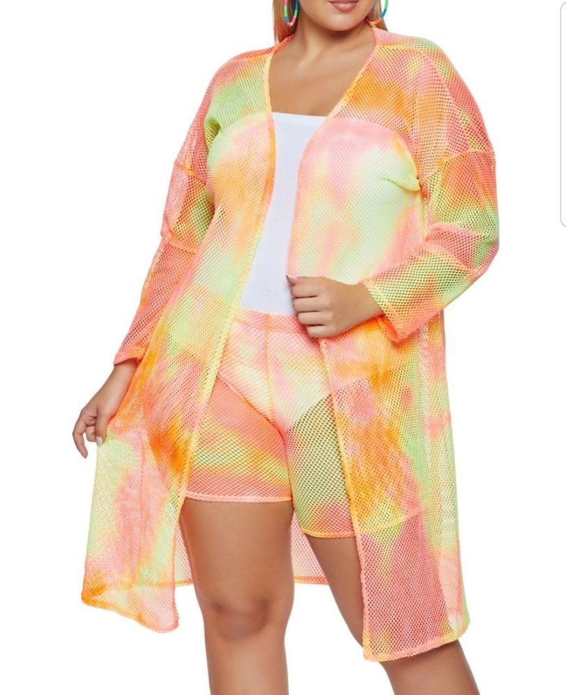 Long Sleeve Fishnet Tie Dye Cover-up Size: 1X