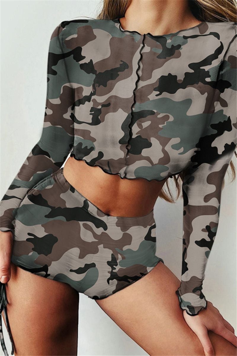 Camo Print Stretch Long-sleeve Two-piece Set|Size: M