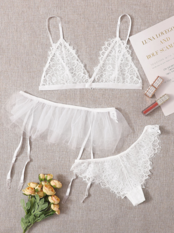 White Sexy Lace 3 Piece Lingerie Set Size: L